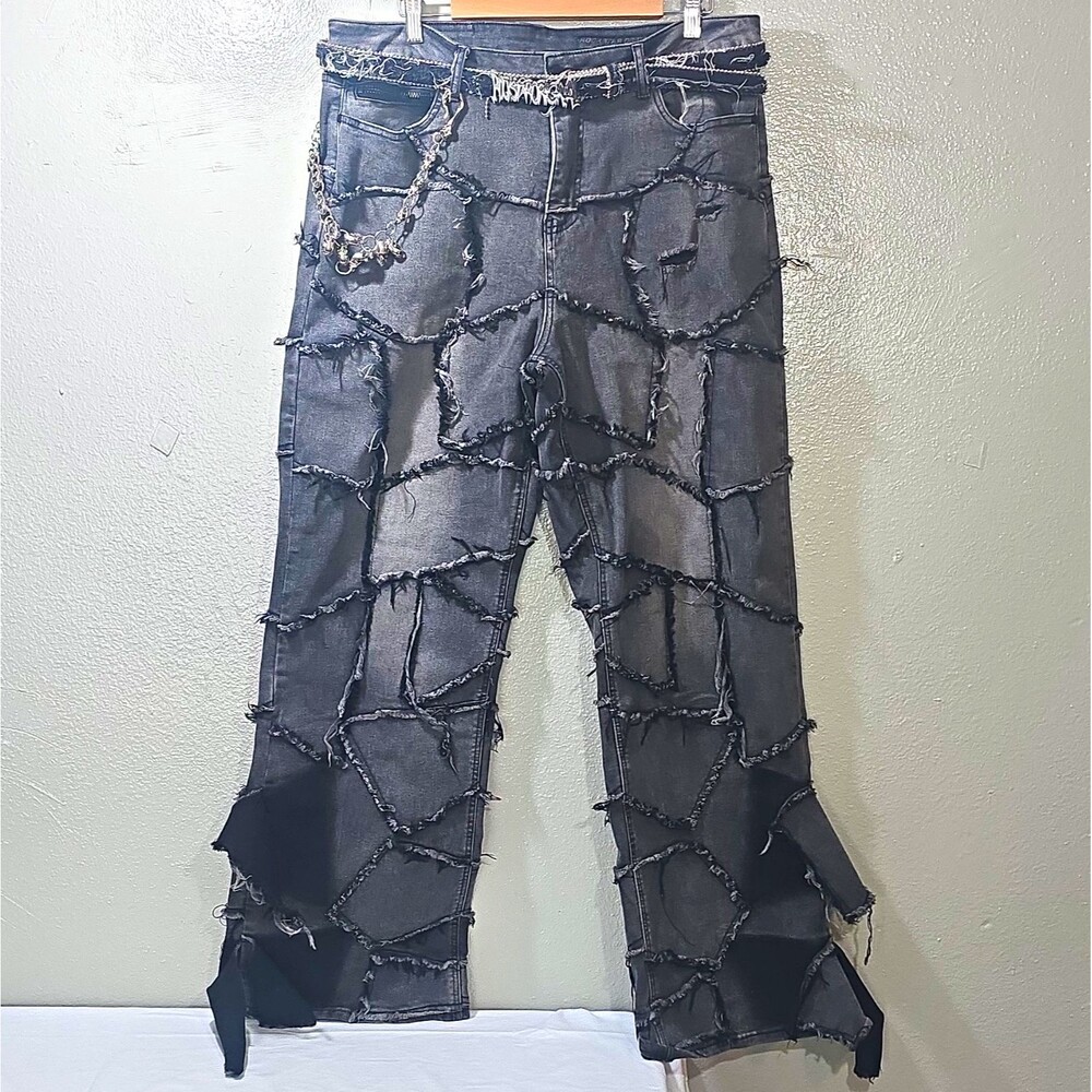 Rockstar Original Men's Gray Dark Wash Baggy Wide-Leg Distressed Stretch Jeans